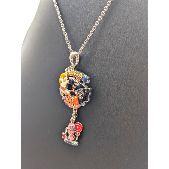 Happy Halloween Pumpkin Boo Ghost Bat Vampire Enamel Silver Tone 17" Necklace - Picture 3 of 4